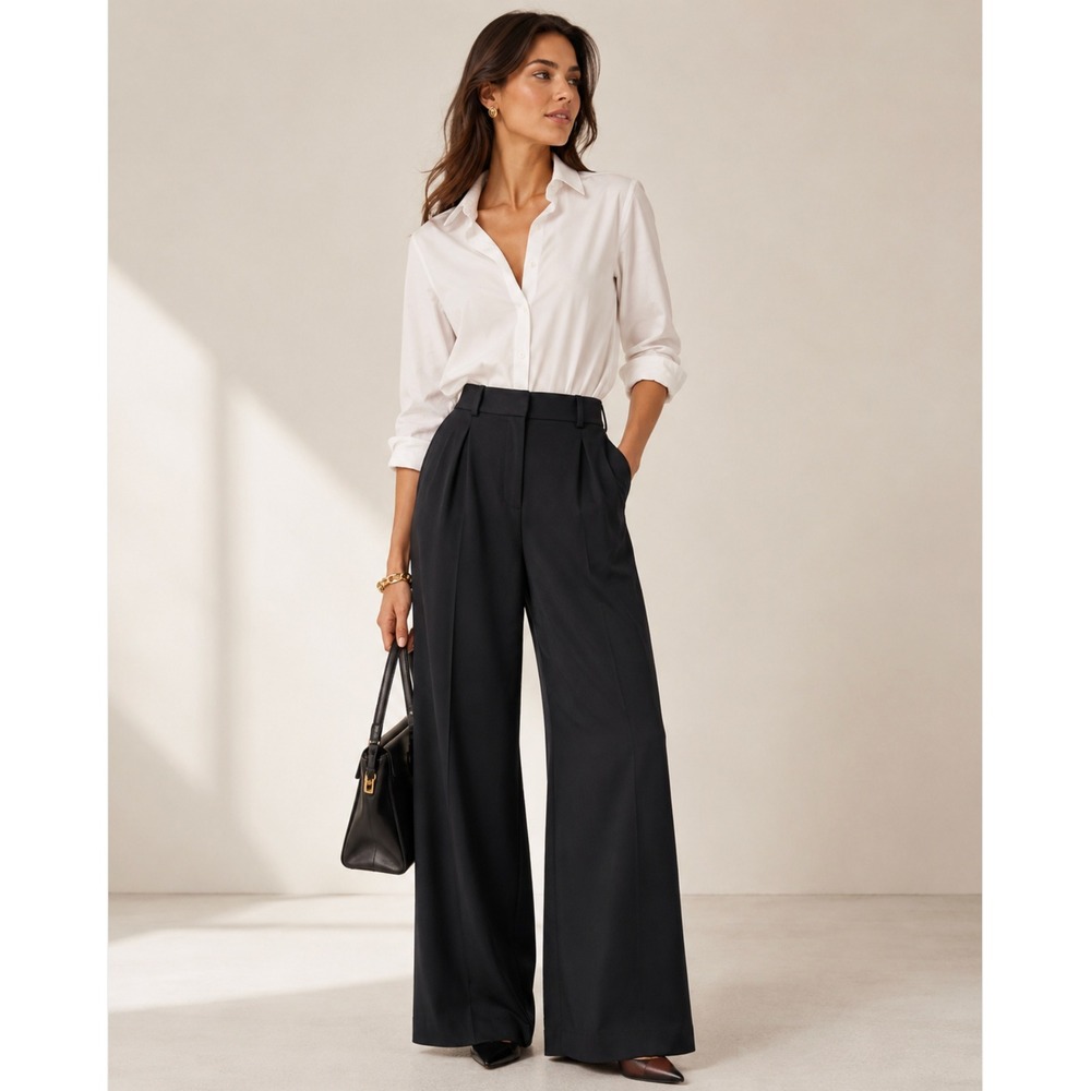 J.Crew Essential Wide Leg Pant Women Sz 8 Black High Rise Pleated Luxury Trouser